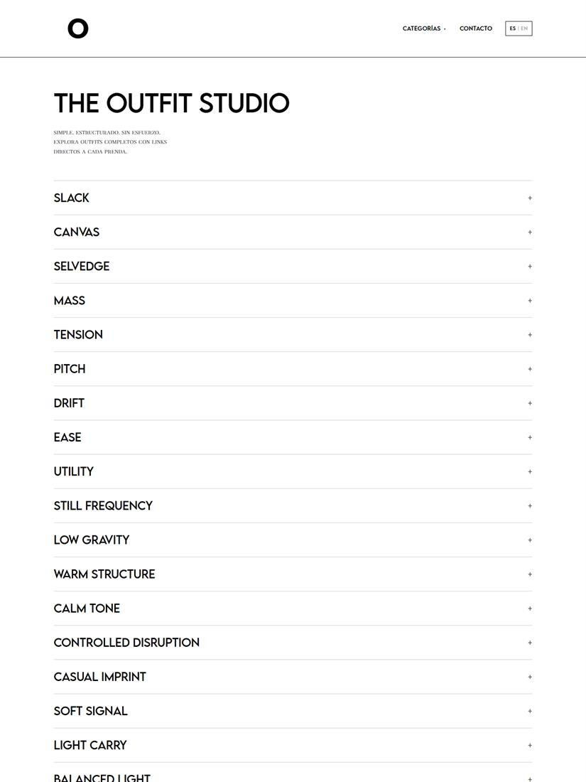 Portada de The Outfit Studio: el titulo del estudio sobre blanco y la lista de outfits desplegables.